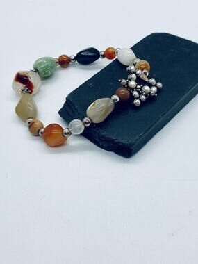 Vintage Estate Sterling Polished Agate Bracelet With Toggle Clasp, 925